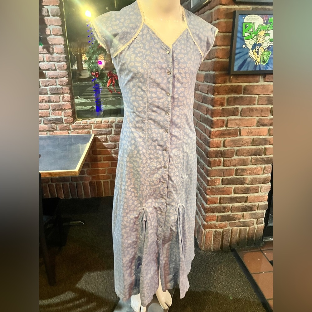 Blue paisley floor-length pearl-snap dress.